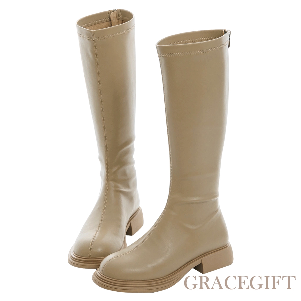 【Grace Gift】個性女孩圓頭層次感長靴 杏