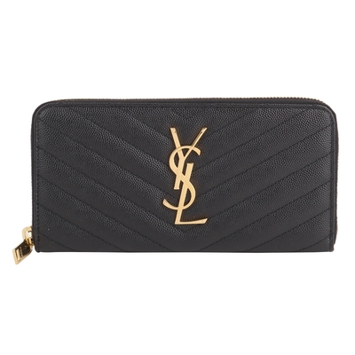 YSL-金LOGO V字縫線魚子醬皮革拉鍊長夾(黑)