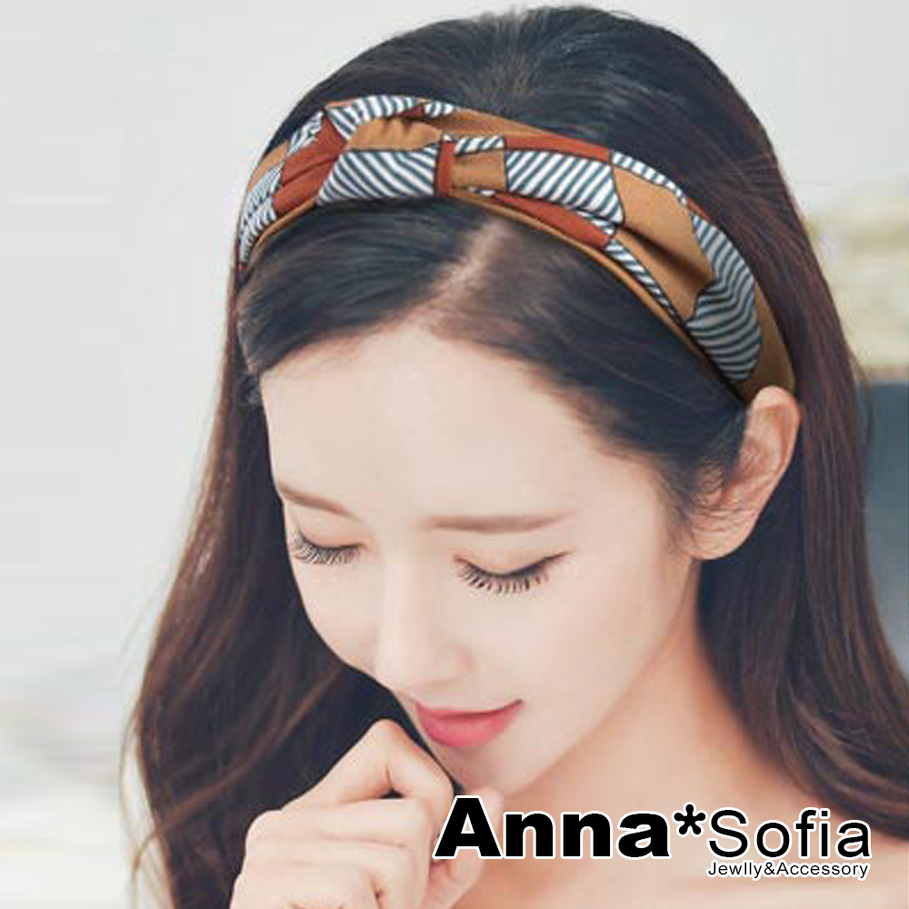 AnnaSofia 彩方斜線格交叉結 彈性寬髮帶(橘駝系)