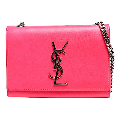 YSL 經典銀色金屬LOGO小牛皮磁釦肩/斜背包(螢光桃紅-展示品)