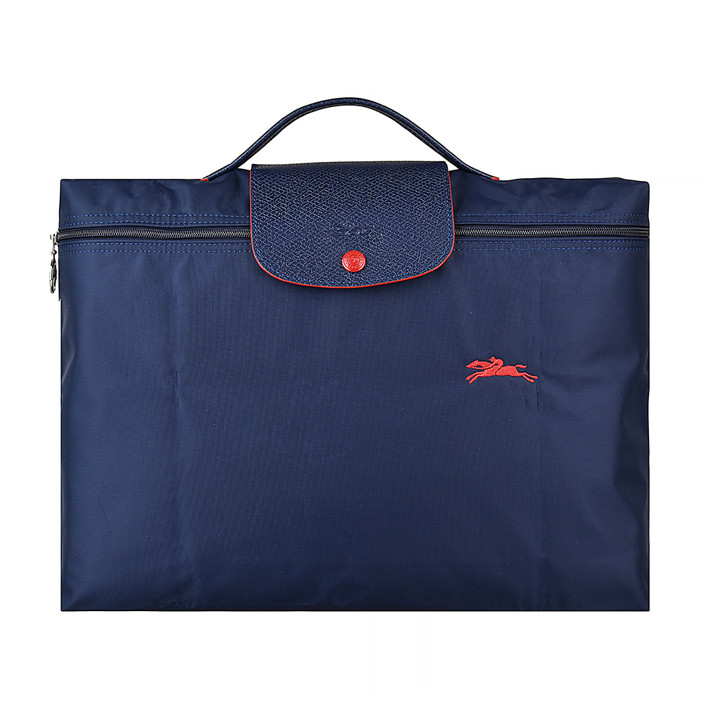 LONGCHAMP COLLECTION經典刺繡LOGO尼龍摺疊拉鍊公事包(海軍藍x紅)