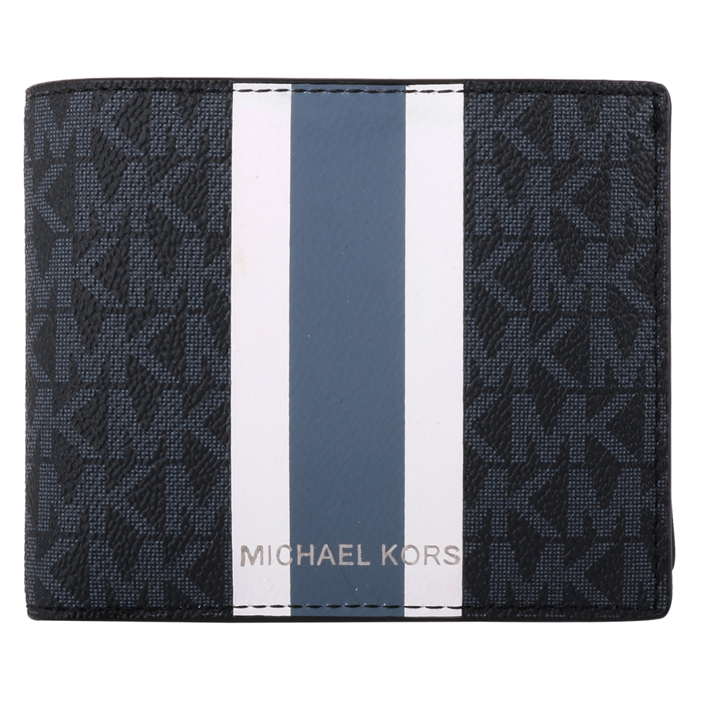 MICHAEL KORS 滿版MK防刮藍白槓附名片夾短夾(黑藍)