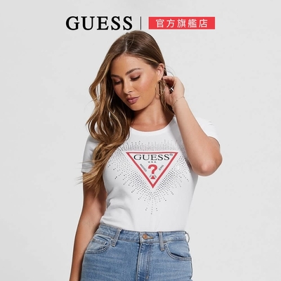 【GUESS】 星爆水鑽LOGO修身圓領短T-兩色任選