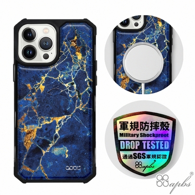 apbs iPhone 13 Pro Max / 13 Pro / 13 軍規防摔皮革磁吸手機殼-經典牛紋-大理石寶石藍-黑殼