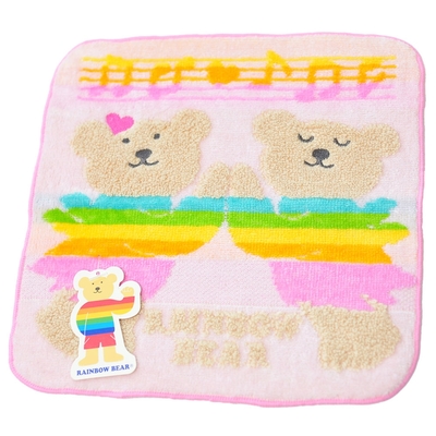 RAINBOW BEAR 日本製可愛小熊LOGO小方巾(音符彩虹熊/粉紅)