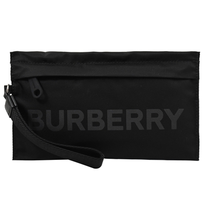 BURBERRY 巴寶莉 簡約燙印LOGO防潑水尼龍拉鍊手拿包/收納包(黑)