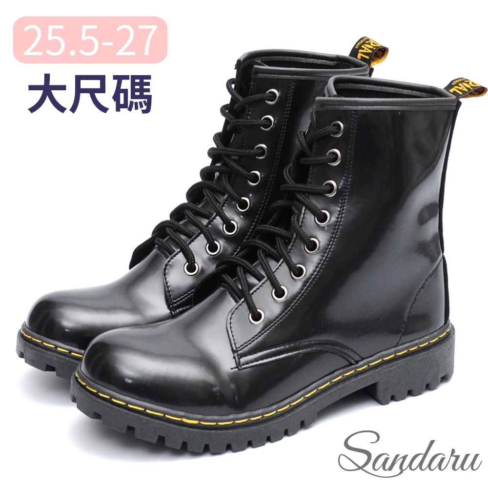 山打努SANDARU-大尺碼鞋 MIT馬丁靴 高質感個性綁帶短靴-黑鏡面