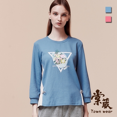 【TOWNWEAR棠葳】花卉印圖撞色拼接棉質上衣 2色(女上衣/長袖/圓領/休閒)