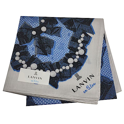 LANVIN en Bleu 優雅珍珠蝴蝶結圖騰字母LOGO帕領巾(灰/籃底)