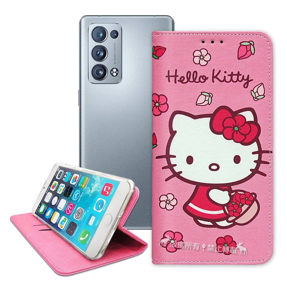 三麗鷗授權 Hello Kitty OPPO Reno6 Pro 5G 櫻花吊繩款彩繪側掀皮套