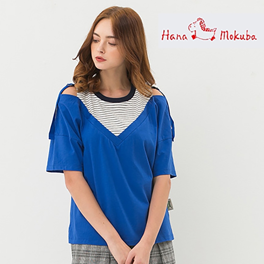 Hana Mokuba 花木馬日系女裝假兩件條紋針織拼接T恤_綠/藍