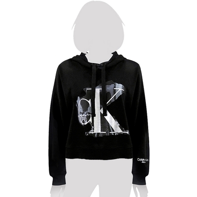 Calvin Klein Jeans 黑色CK LOGO長袖短版連帽上衣-L/XL號