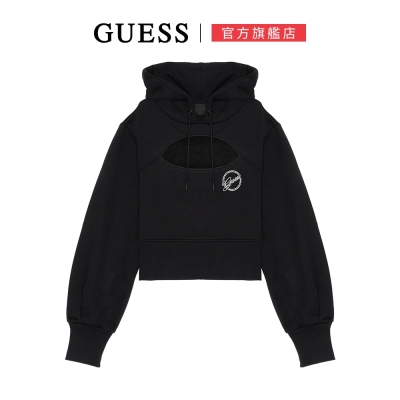 【guess】個性性感簍空長袖帽t-黑