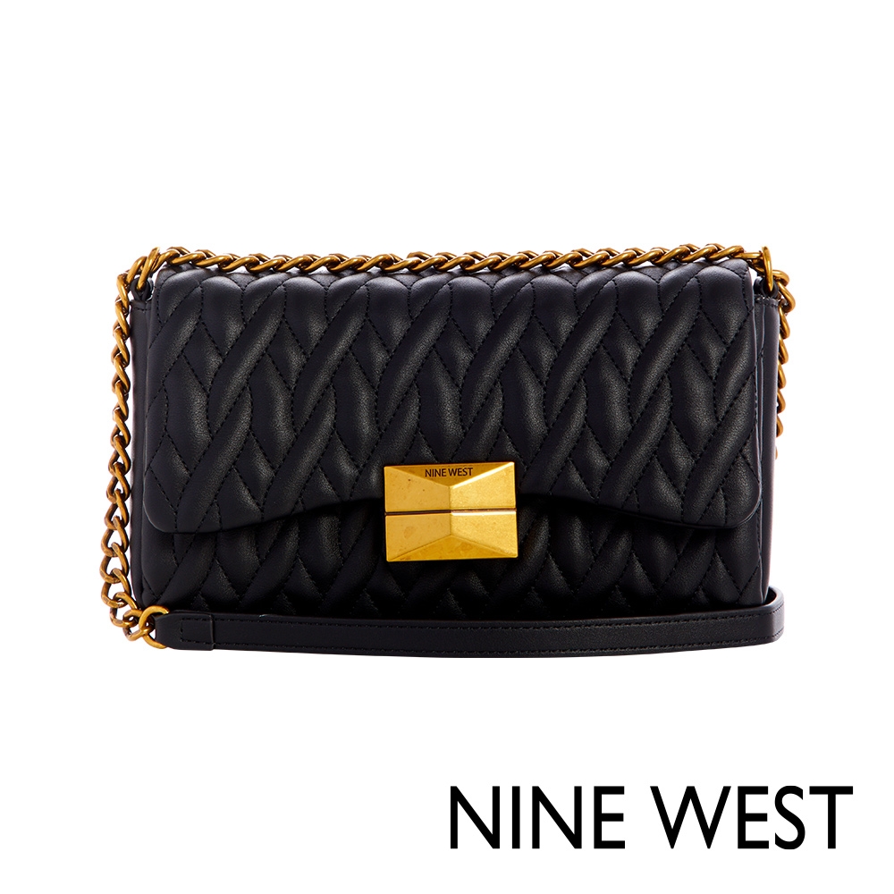 福利品 NINE WEST GRACELYN 金釦掀蓋衍縫斜背包-黑色