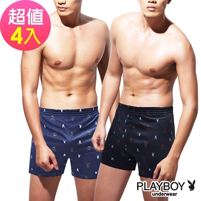 男內褲 PLAYBOY 棉質兔頭框印花彈性四角褲(超值4件組)