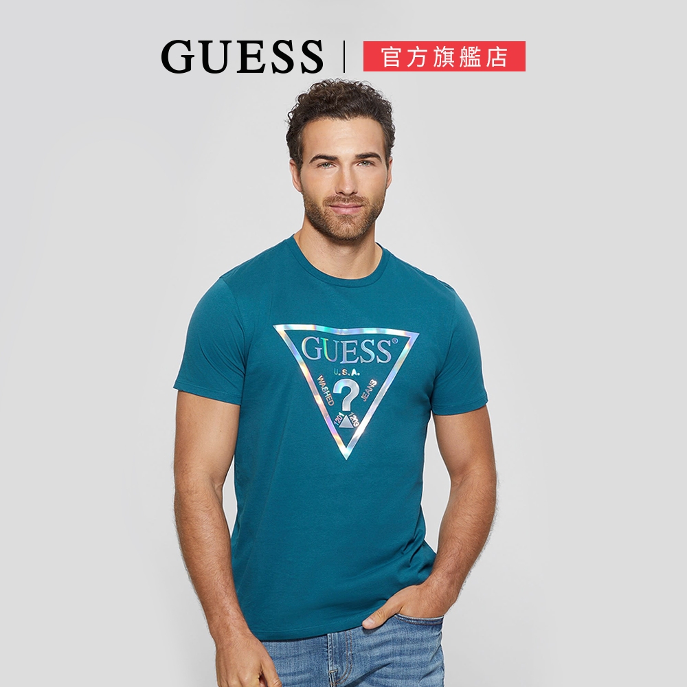 【GUESS】彩紅光澤LOGO圓領修身短T-兩色任選