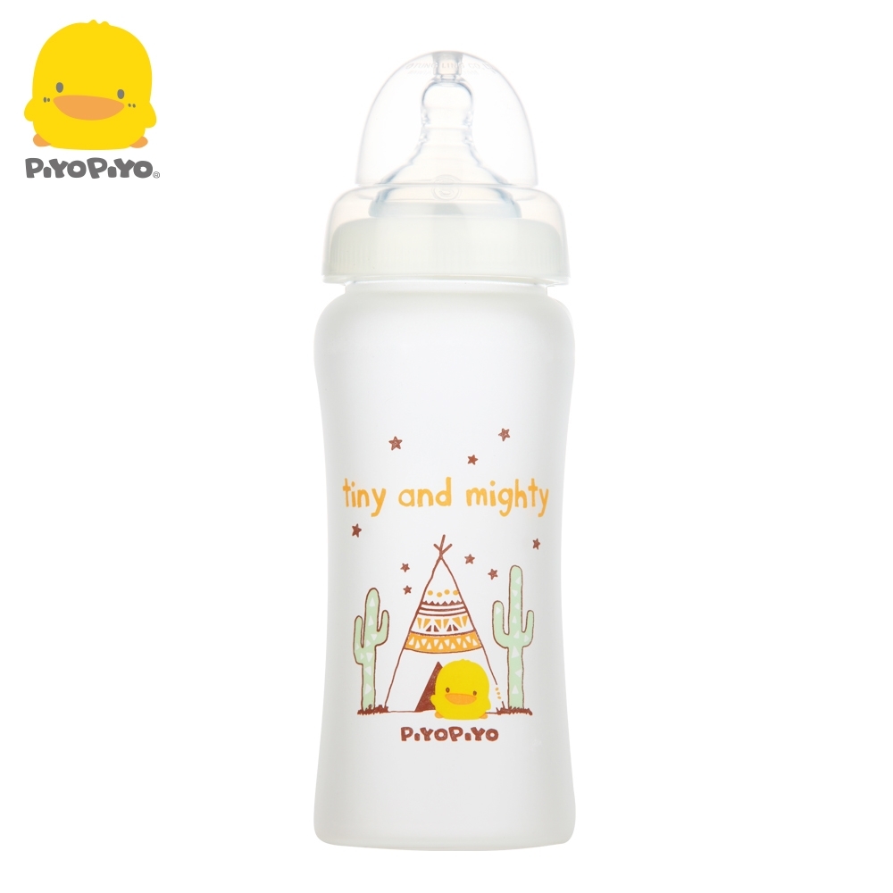 黃色小鴨《PiyoPiyo》360°矽膠防護寬口徑晶鑽玻璃奶瓶280ml