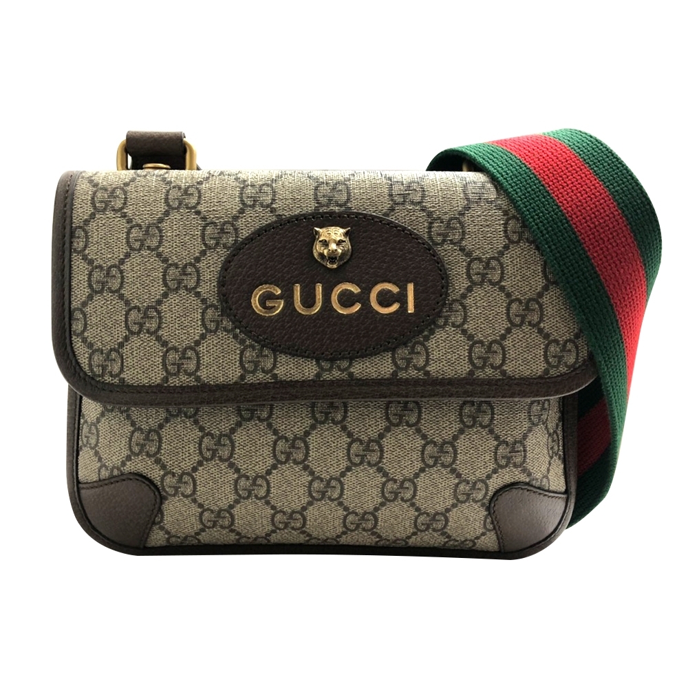 GUCCI GG Supreme帆布虎頭綠紅綠背帶斜背包(501050-咖)