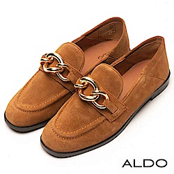 ALDO 原色真皮佐金屬鍊帶樂福鞋~個性淺棕