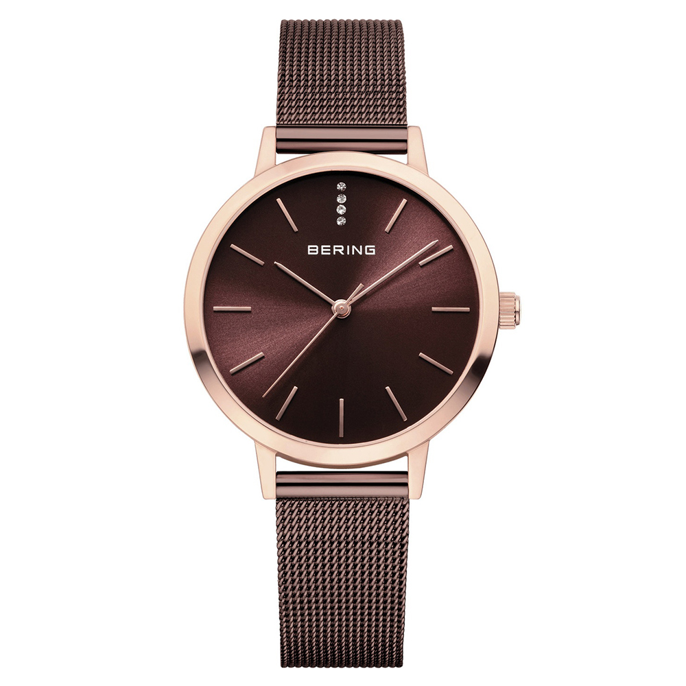 BERING丹麥精品手錶 簡約刻度米蘭帶系列 紅棕x玫瑰金34mm