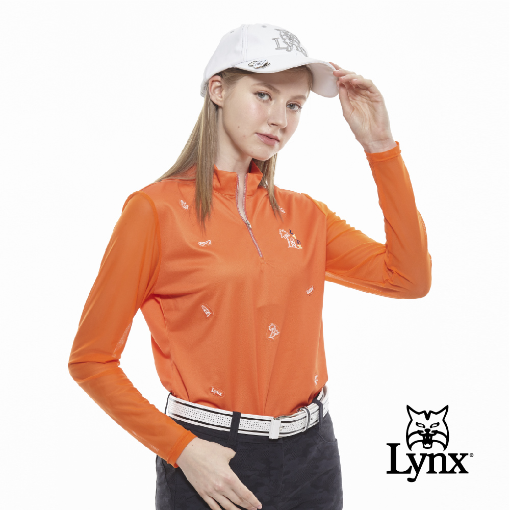 【Lynx Golf】女款吸濕排汗兩袖剪接網紗海洋風印花長袖立領POLO衫-橘色