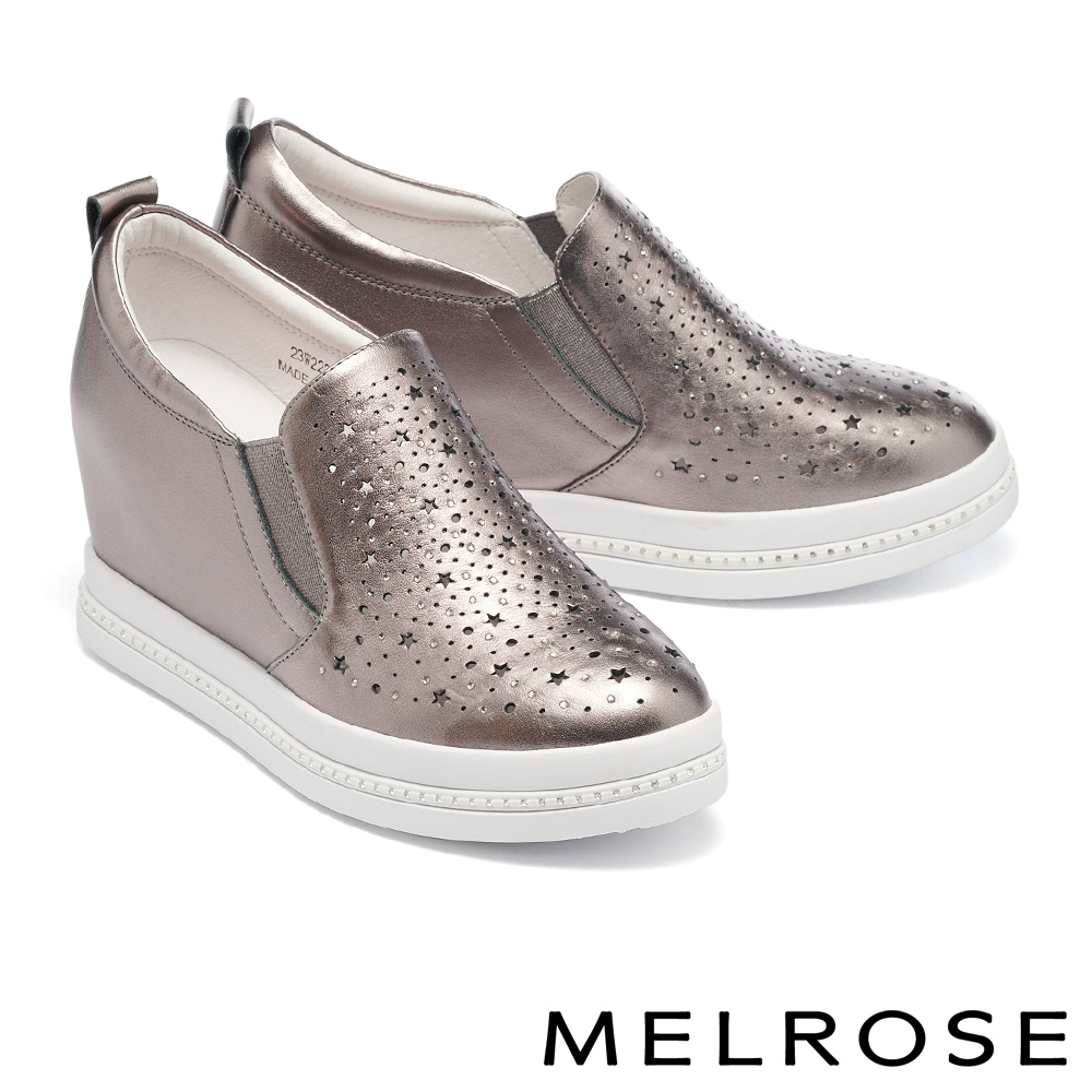 休閒鞋 MELROSE 美樂斯 時髦閃鑽鏤空牛皮內增高厚底休閒鞋－古銅