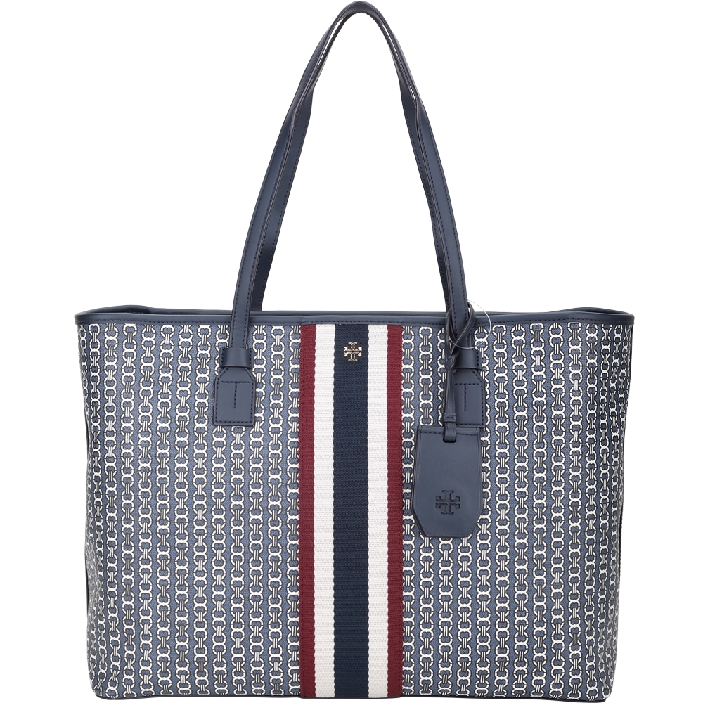 TORY BURCH GEMINI LINK CANVAS 塗層帆布肩背拉鍊托特包(深藍色)