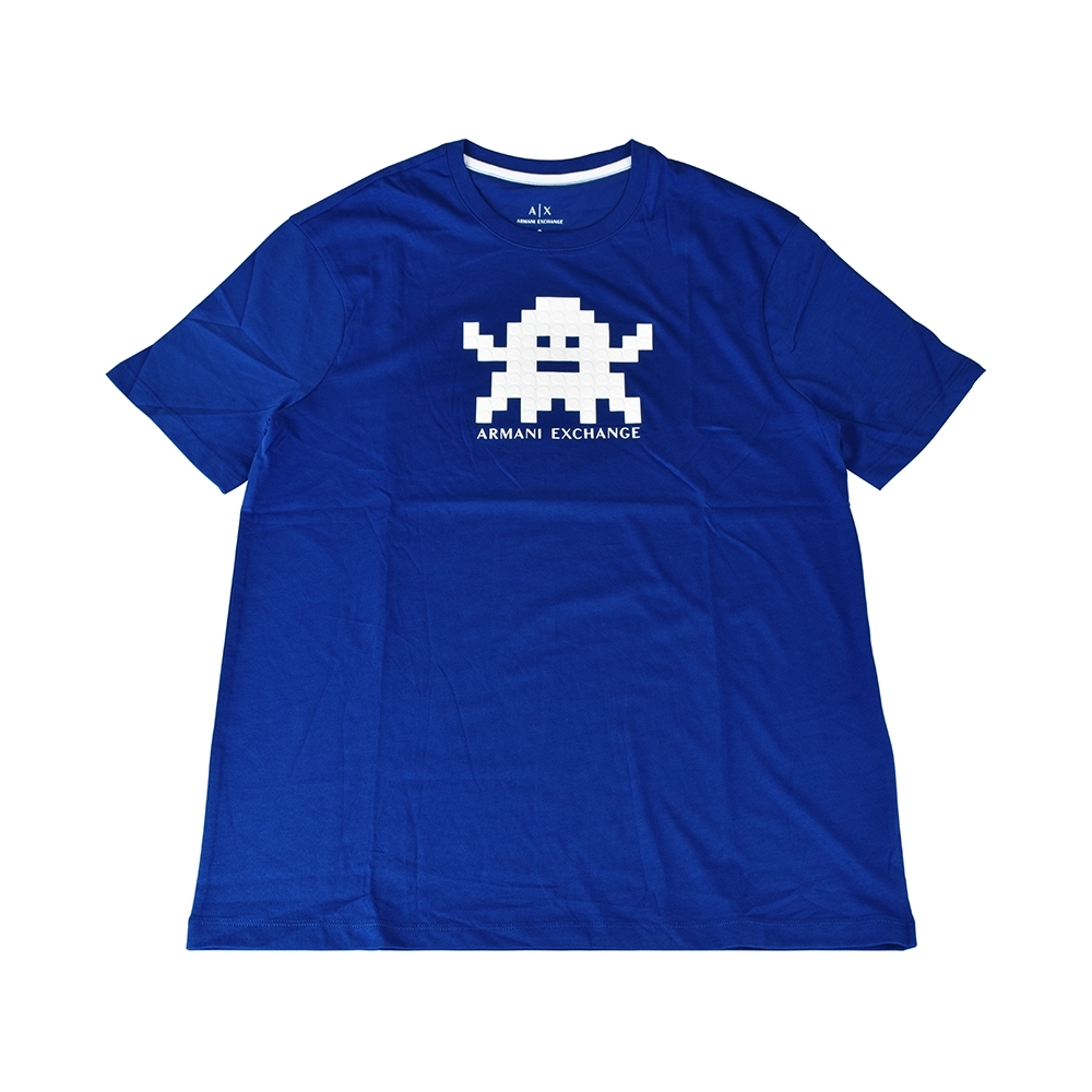 A│X Armani Exchange經典壓印字母LOGO遊戲圖形設計純棉短袖T恤(S/藍x白)
