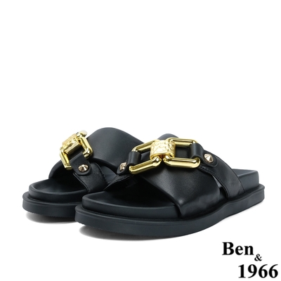 Ben&1966高級綿羊皮時尚金屬扣飾涼拖鞋-黑(226381)