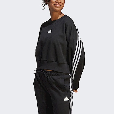 Adidas W FI 3S Crew [IB8494] 女 長袖 上衣 衛衣 亞洲版 寬鬆 休閒 短版 舒適 棉質 黑