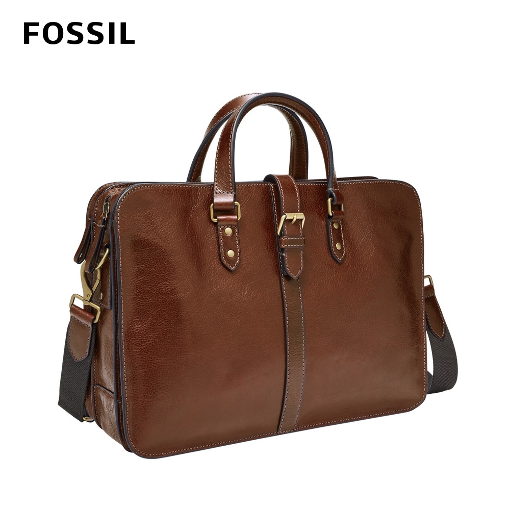 FOSSIL Greenville 真皮釦帶商務公事包-酒棕色 MBG9536212