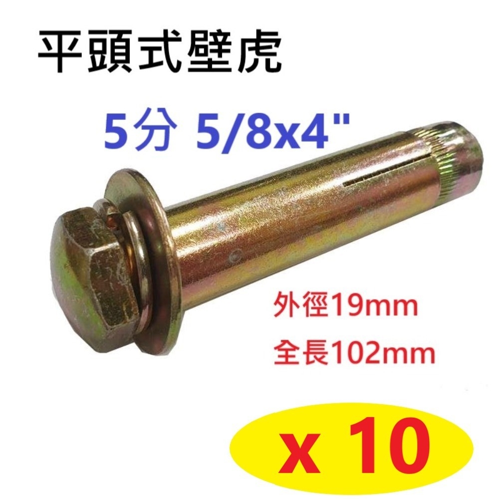 【10入】5分 5/8x4" 鍍鋅 平頭式壁虎 五分 外徑19mm 全長102mm 平頭膨脹螺絲 固定螺絲 螺帽露出 水泥 牆壁