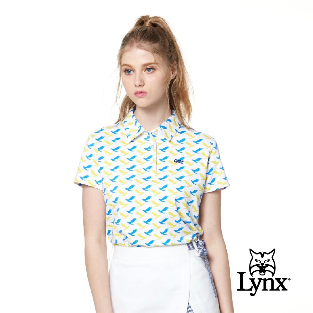 【Lynx Golf】女款吸濕排汗本布領滿版老鷹印花短袖POLO衫-白色