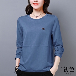 初色  簡約純色圓領拼接帽子刺繡長袖T恤上衣女上衣-共5色-32228(M-2XL可選)