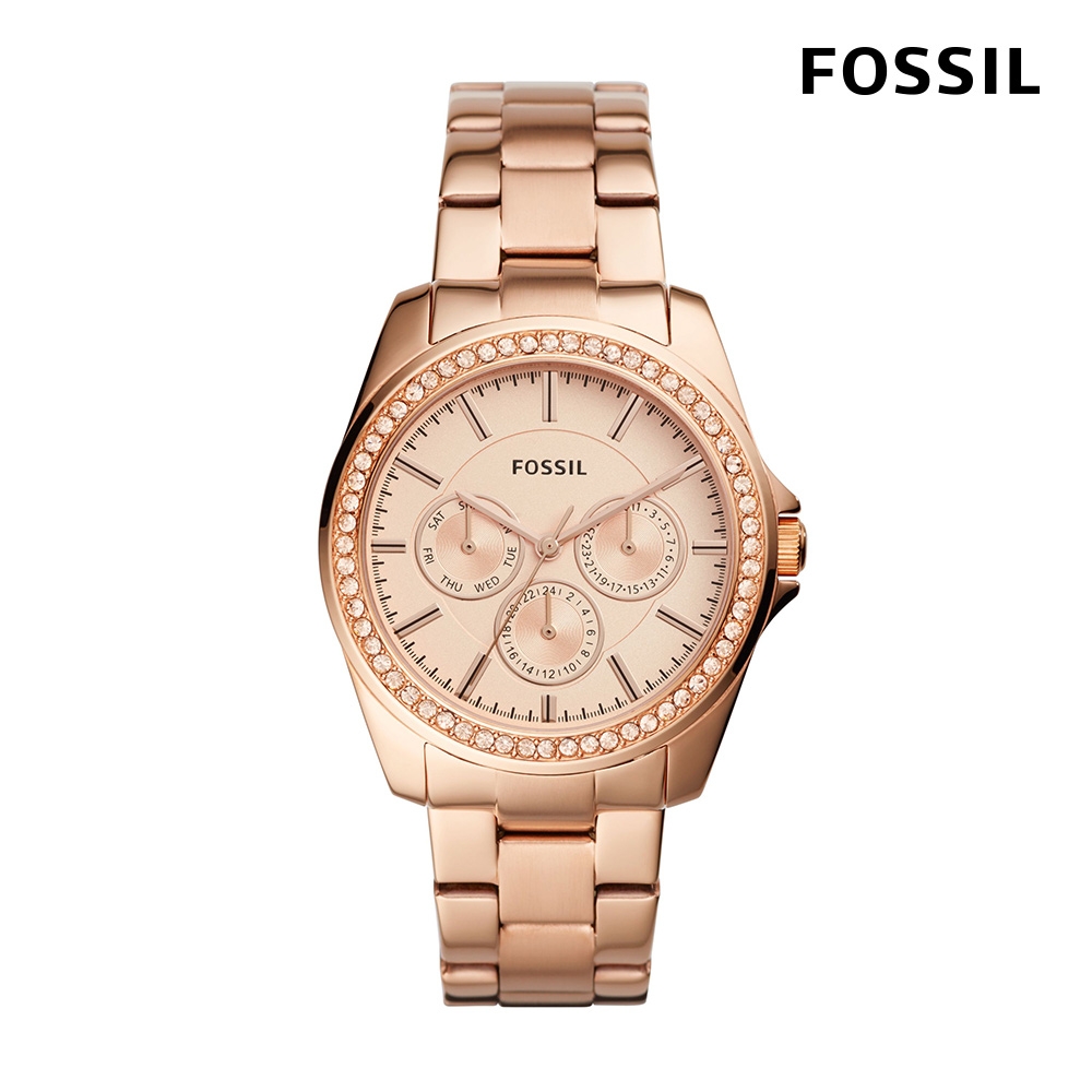 【FOSSIL】Janice 三眼玫瑰金鑽女錶 玫瑰金不鏽鋼錶帶 38MM BQ3316