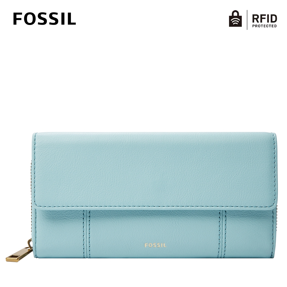 FOSSIL Jori 氣質掀蓋拉鍊RFID防盜長夾-土耳其藍色 SWL2370480