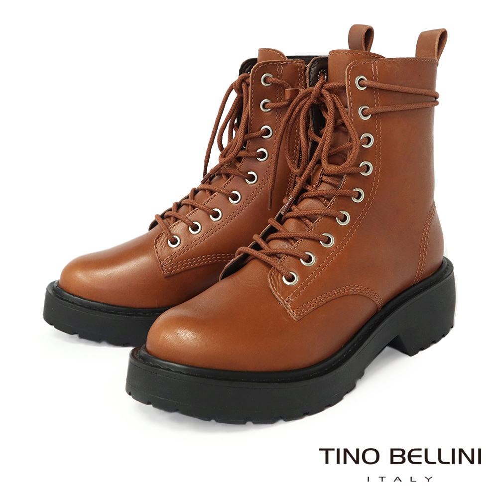 (時尚美靴)Tino Bellini 巴西進口牛皮繫帶中筒厚底短靴-棕