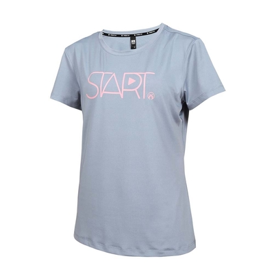 FIRESTAR 女彈性印花短袖T恤-慢跑 路跑 運動 上衣 DL465-13 靛灰粉