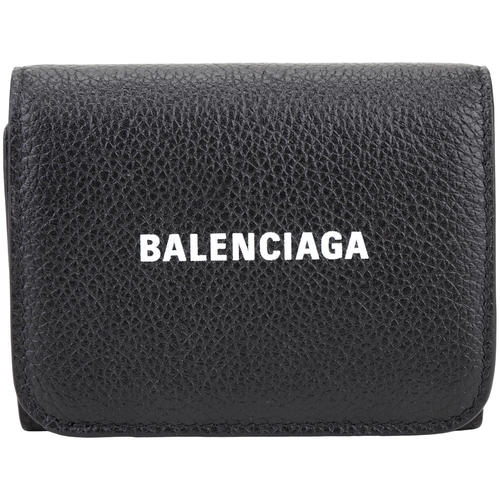 BALENCIAGA 字母印花荔紋牛皮三折短夾(黑色)