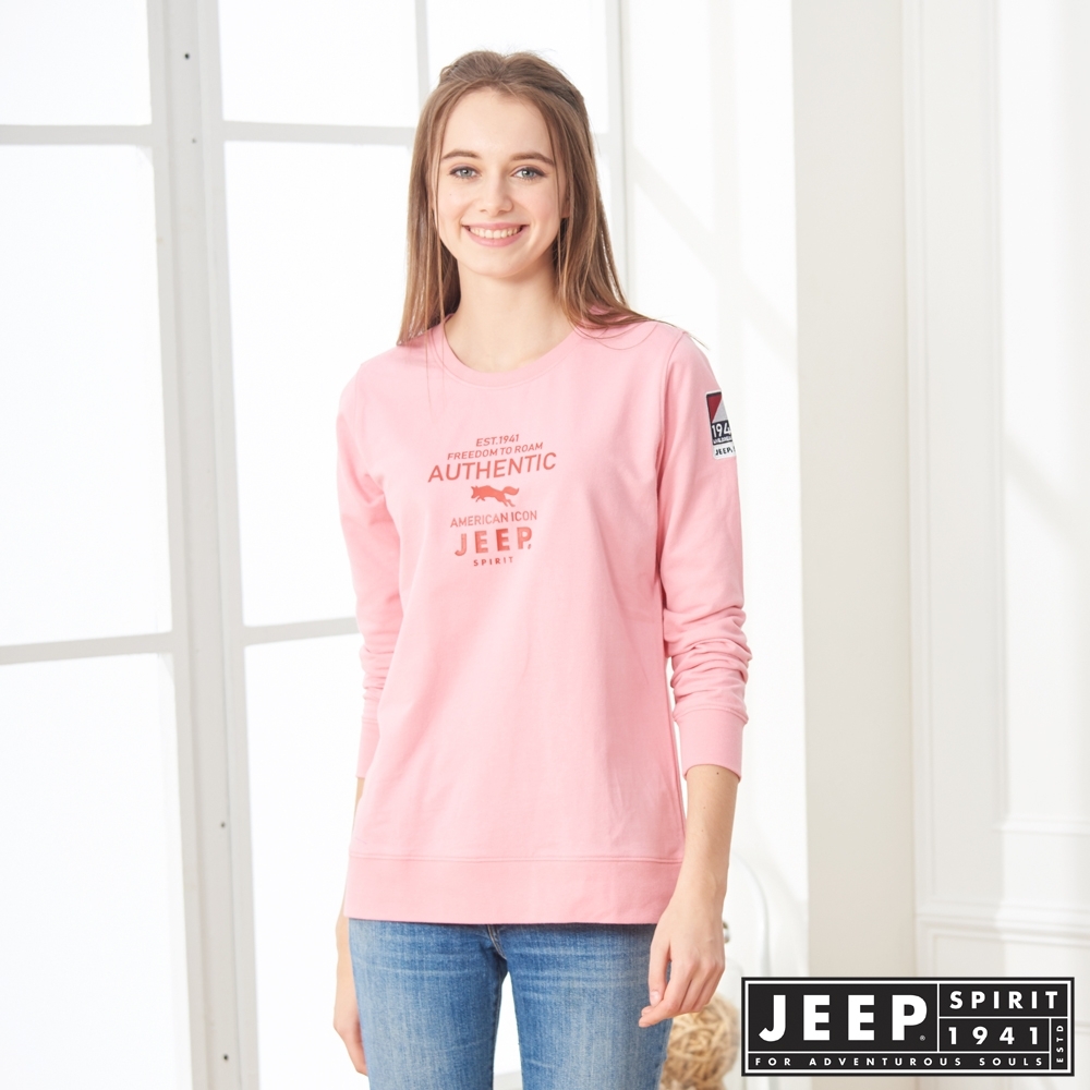 JEEP 女裝 素面LOGO圖騰長袖TEE-粉色