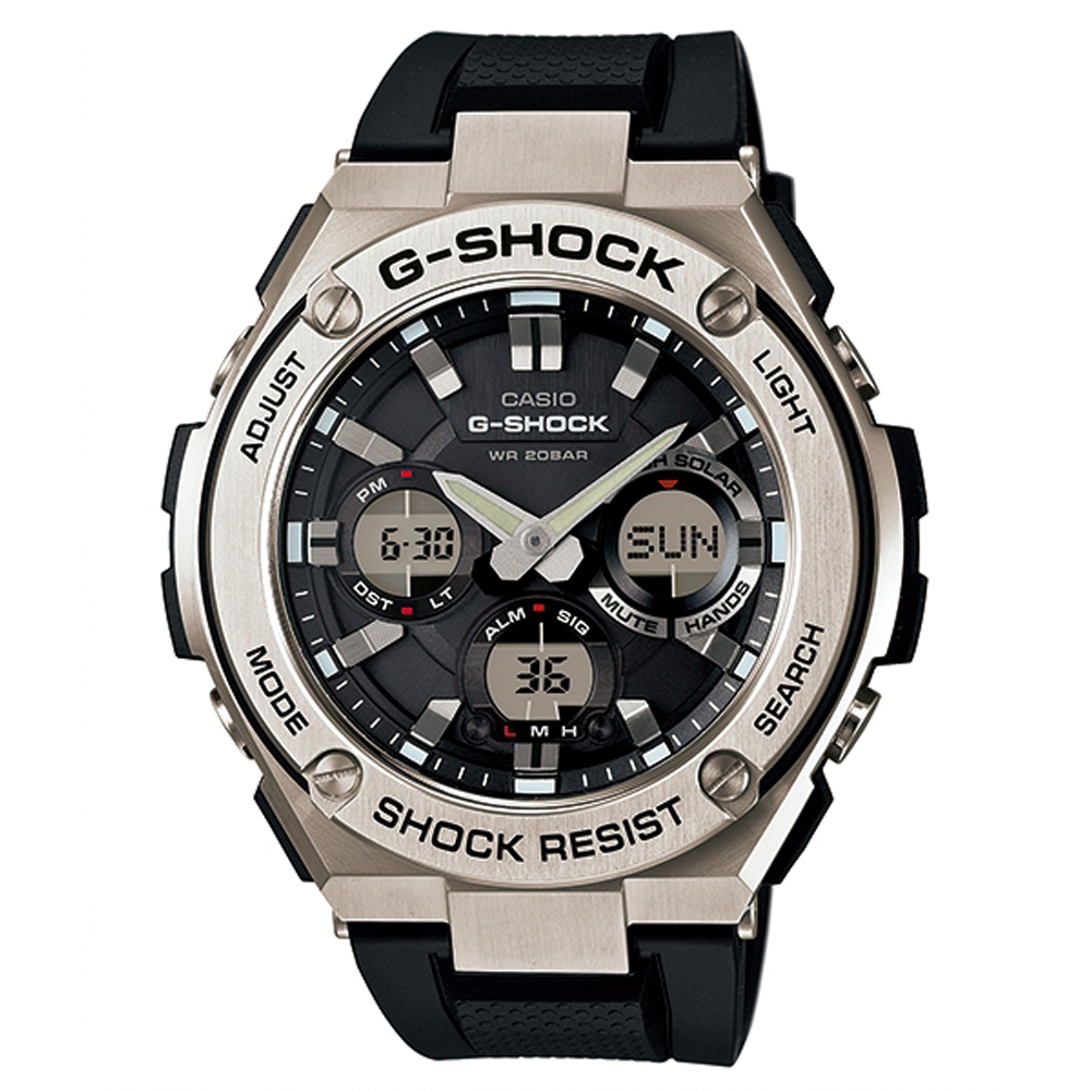 G-SHOCK絕對強悍分層防護構造防震概念休閒錶(GST-S110-1A)-銀框X黑53mm