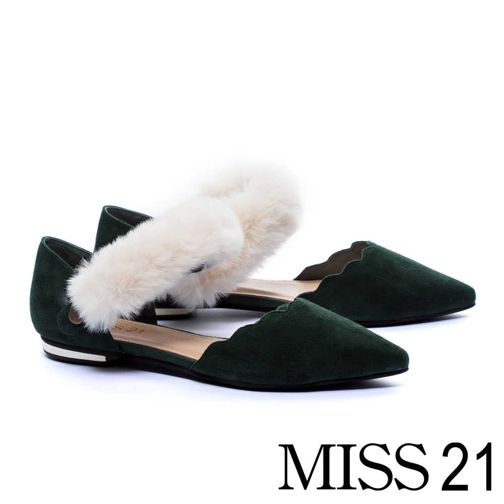 平底鞋 MISS 21 復古奢華毛毛條帶羊麂皮尖頭平底鞋－綠