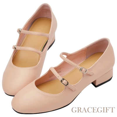【Grace Gift】雙帶瑪莉珍低跟芭蕾舞鞋 粉橘