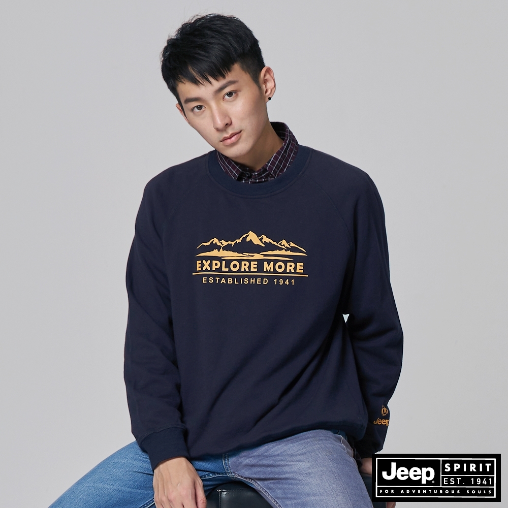 Jeep 男裝 山岳圖騰長袖T恤-深藍