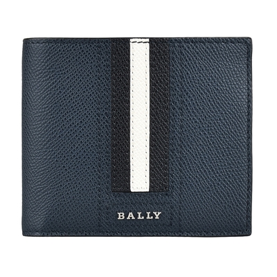 BALLY TVEYE 金屬LOGO條紋設計防刮牛皮10卡對折短夾(深藍x黑白黑條紋)