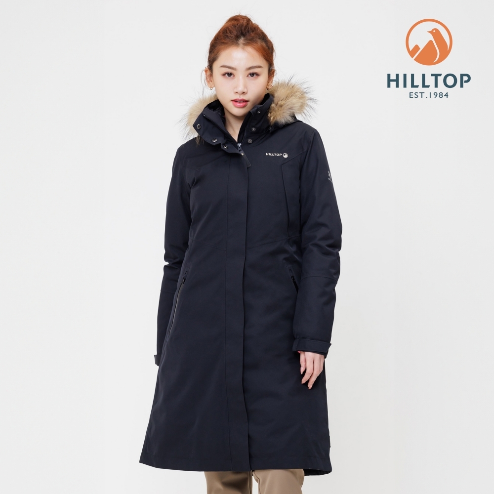 【Hilltop 山頂鳥】GORE-TEX 二合一 防水透氣 施華洛世奇水鑽保暖蓄熱羽絨防潑可拆帽長版大衣外套 女款 黑｜PF21XF92ECAA