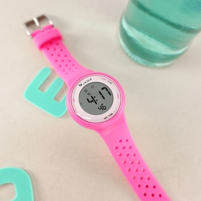 JAGA 捷卡 / M1214-G / 電子運動 冷光照明 計時碼錶 鬧鈴 防水100米 透氣矽膠手錶-粉色/36mm