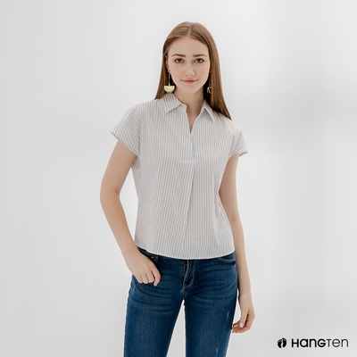 Hang Ten-女裝-V型領條紋短袖襯衫-白色