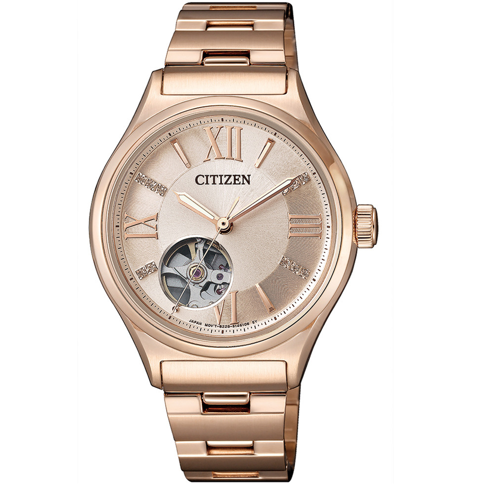CITIZEN星辰凝聚耀眼開芯機械腕錶(PC1003-58X)-玫瑰金色