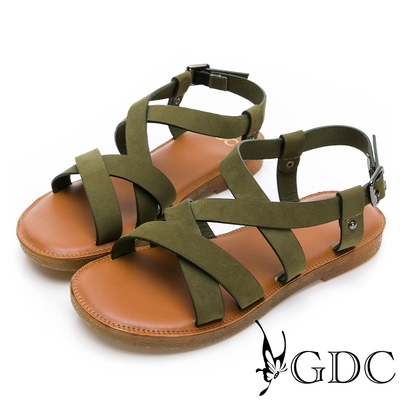 GDC-熱賣經典款改版第三代真皮交叉舒適軟Q春夏百搭平底涼鞋-綠色